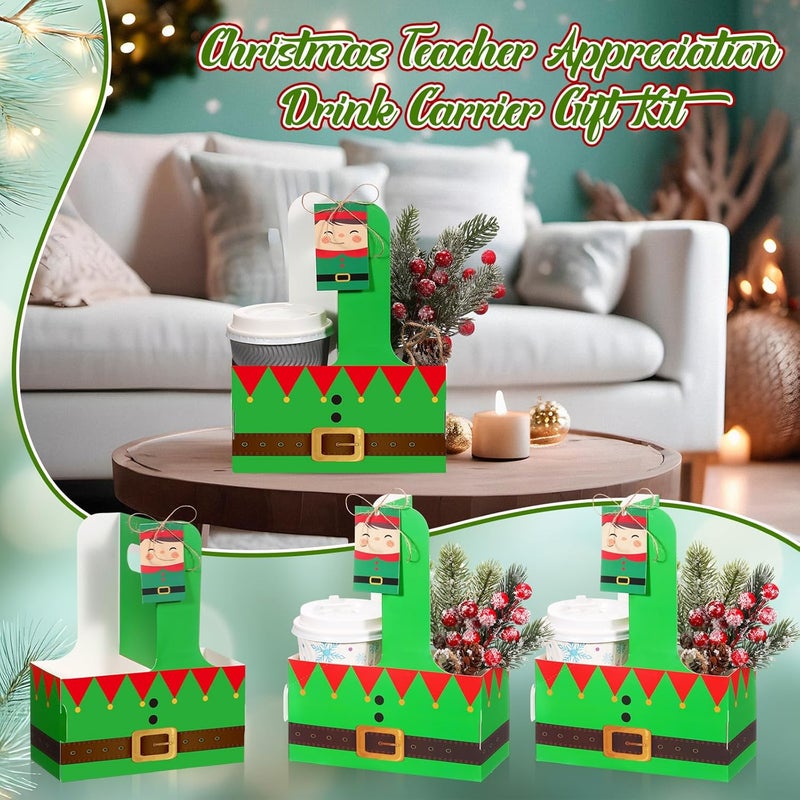 ForraFun 24 Sets Christmas Drink Carrier with Handle Disposable Kraft Paperboard Coffee Cup Holder with Tags Portable Foldable Tray to Go Cup Holder for Xmas Holiday Party Favor(Christmas Elves) - Image 5
